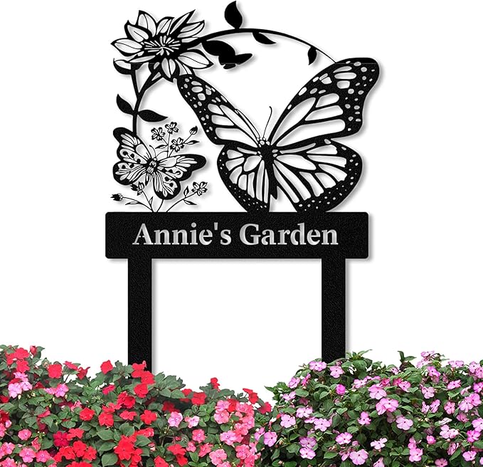 Personalized Garden Signs for Outdoor, Custom Butterfly Garden Sign with Stake Metal Waterproof, Customized Metal Name Sign, Patio Yard Decor Gardening Gift