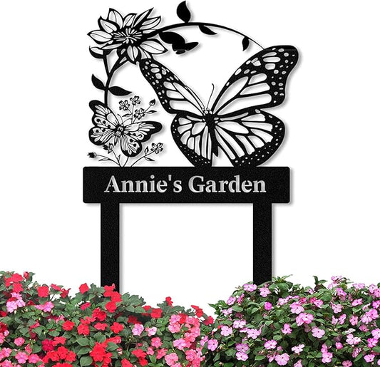 Personalized Garden Signs for Outdoor, Custom Butterfly Garden Sign with Stake Metal Waterproof, Customized Metal Name Sign, Patio Yard Decor Gardening Gift