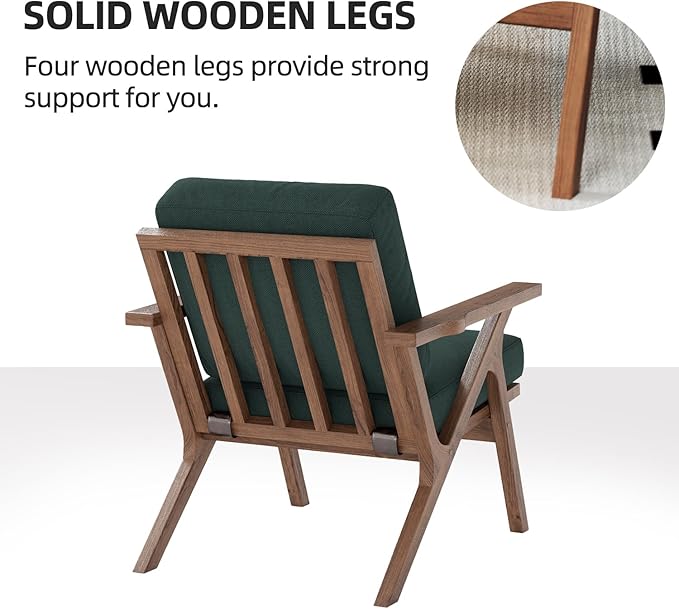 INZOY Mid-Century Modern Accent Chair with Wood Frame, Fabric Living Room Chair and Soft Thick Padded Armchair for Living Room Bedroom Reception with Removable Upholstered Cushions, Dark Green