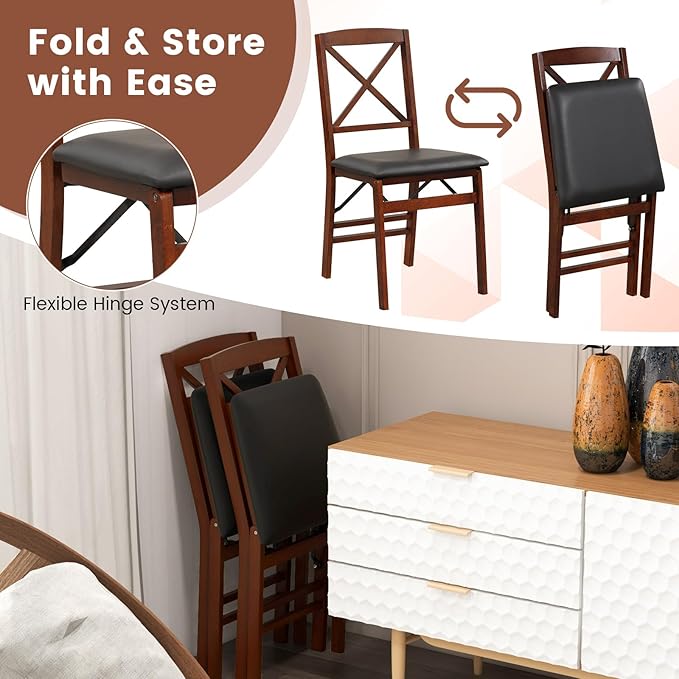 Folding Chairs Set 2, Wooden Foldable No Assembly Chair-Set with Padded Seats, Solid Wood Frame, 400 lbs Weight Capacity, Space Saving Dining Chairs for Small Space, Guests Kitchen (2, X-Shaped Back)