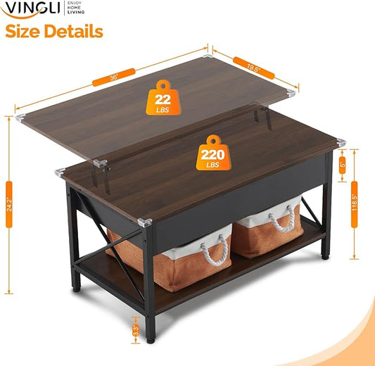 VINGLI 36" Lift Top Coffee Table with Storage, Rustic Espresso Coffee Table with Free Cloth Storage Bins for Living Room, Small Side Table for Small Space in Minimalistic Style, Espresso