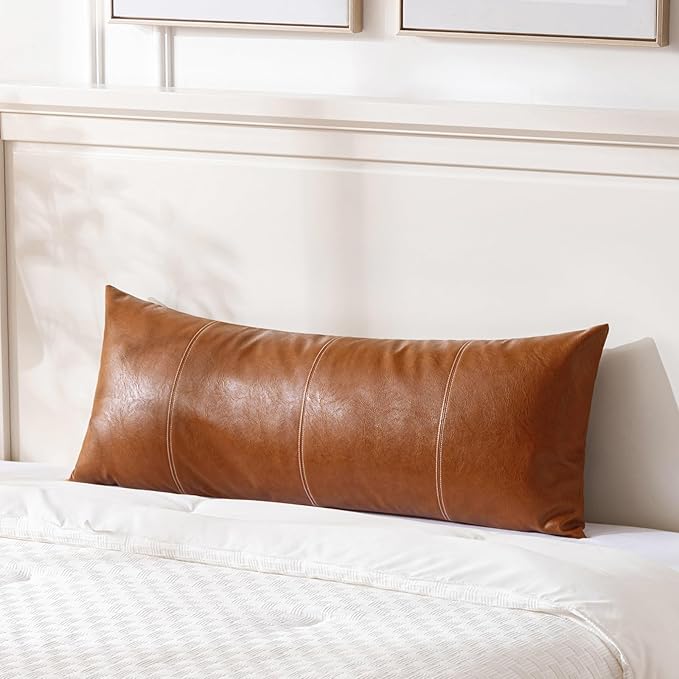 Fancy Homi 2 Packs Brown Boho Long Lumbar Faux Leather Body Decorative Throw Pillow Cover 14x36 Inch for Bedroom Couch Bed Bench, Hand Stitched Stylish Pillowcase, Rustic Modern Farmhouse Room Decor