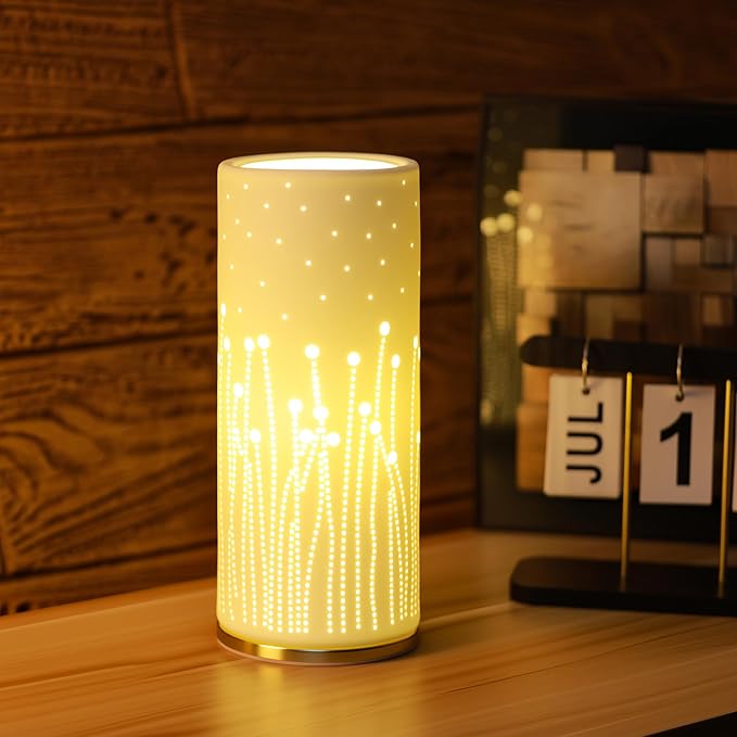 Small Modern Ceramics Bedside Table Lamp, 4.5 x 4.5 x 9.75 Inch White Firework Style Nightstand Lamps, Side Table Lamps for Bedroom Living Room Entryway Table Light