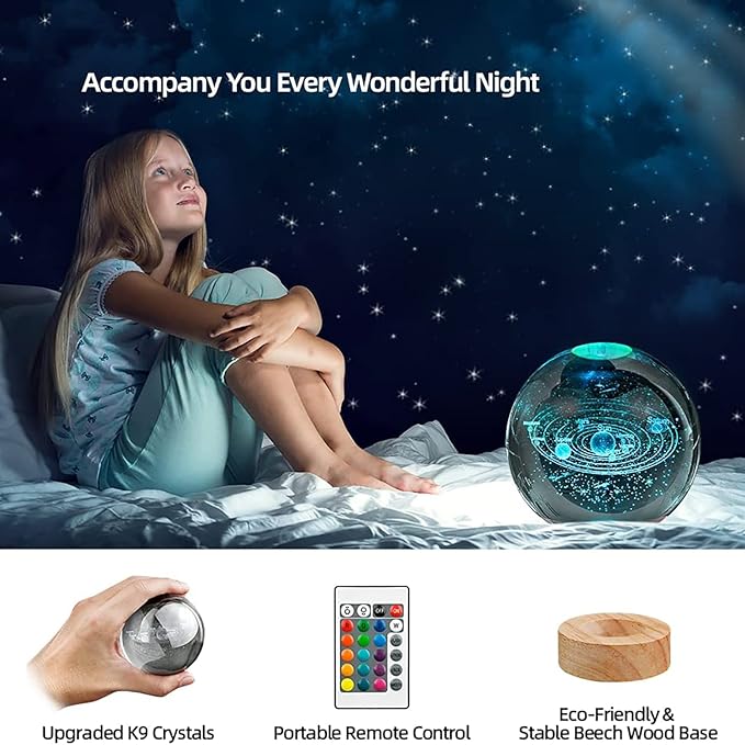 3D Solar System Crystal Ball Lamp with 16 Colors LED Wooden Base, Upgraded 3.15 Inch Solar Night Light with Remote Control, Home Decor Living Room Office Bedroom Lamp