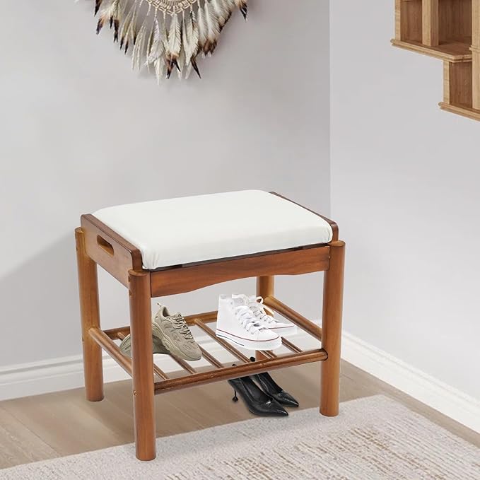 Eapmic Shoe Bench with Cushion, 2-Tier Bamboo Shoe Rack Bench, Entryway Shoe Storage Organizer with Compartment, Wooden Shoe Storage Bench for Hallway, Living Room, Closet, Bedroom (Walnut Color)
