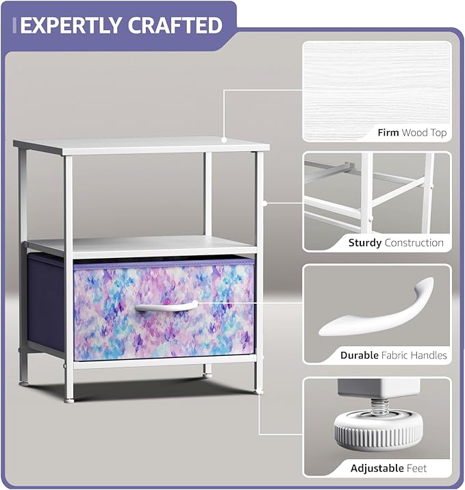 Sorbus 1 Drawer Shelf Storage Nightstand - Kids Bedside Furniture End Table Night Stand with Steel Frame Wood Top & Easy Pull Fabric Bins. Dresser & Chest for Home Bedroom Accessories Office & College