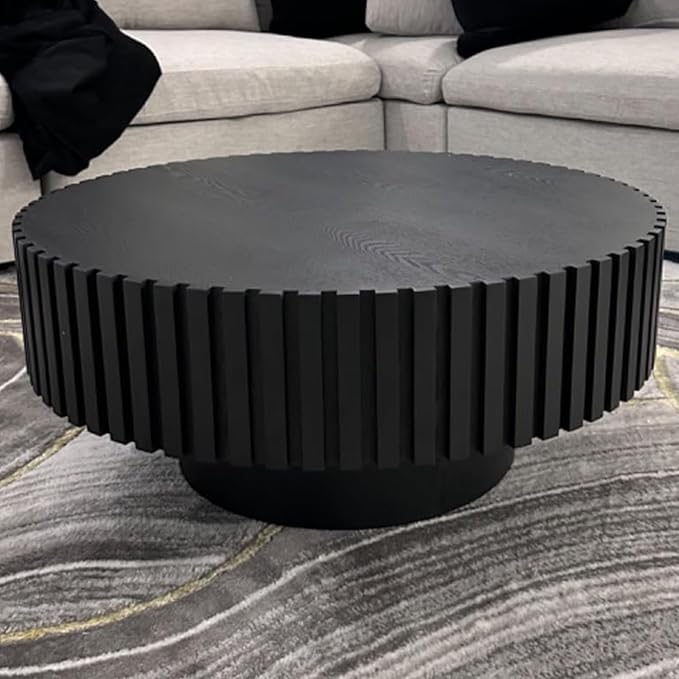 31.49'' Black Round Coffee Table for Living Room, Modern Wood Nesting Coffee Table Handcraft Circle Fluted Drum Coffee Table, Easy Assembly,Black