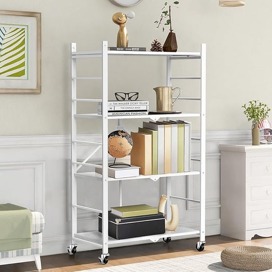 Himix Storage Shelves with 20 Hooks, 4-Tier Foldable Shelves for Storage, Folding Shelf Unit Pantry Shelves with Wheels, Metal Shelving Storage Rack Shelf for Kitchen Garage Home, White - No Assembly