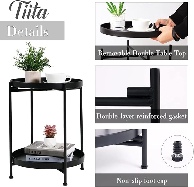 Tiita 2 Pack Round End Table Mental 2-Tier Side Table Nightstand/Small Iron Tables Accent Coffee Table for Living Room Bedroom Office Small Space