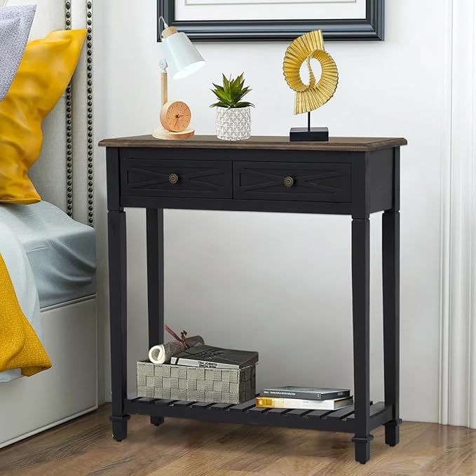 KINTNESS Entryway Table, Narrow Console Table with 2 Drawers, Sofa End Table with Shelves for Living Room Hallway, Black