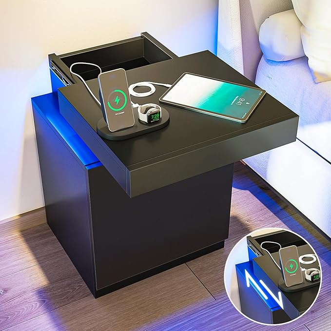 oneinmil Nightstand Set of 2, Night Stands with LED Lights, Charging Station and Sliding Top Storage, Modern Bedside Table of 2, End Side Table for Bedroom, Black