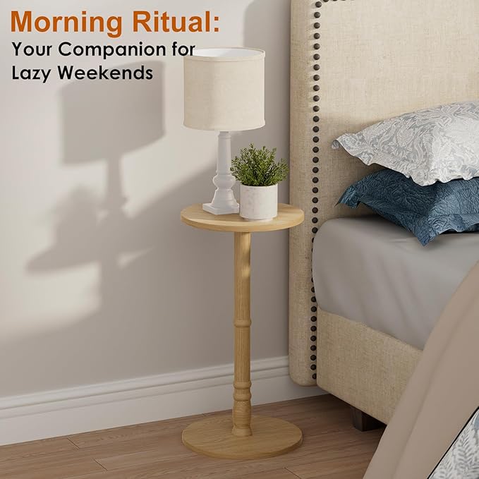 Round Side Table, Solid Wood Pillar with Wood Top & Base, Small Drink Accent Table for Living Room, Bedroom, Sofa & Office, Easy Assembly, Natural