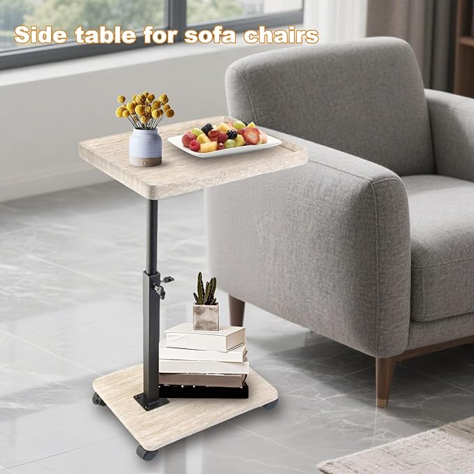 Side Table TV Tray for Couch,Height Adjustable C Shaped End Table for Small Spaces,Bedside Bathroom Living Room (Creamy White)