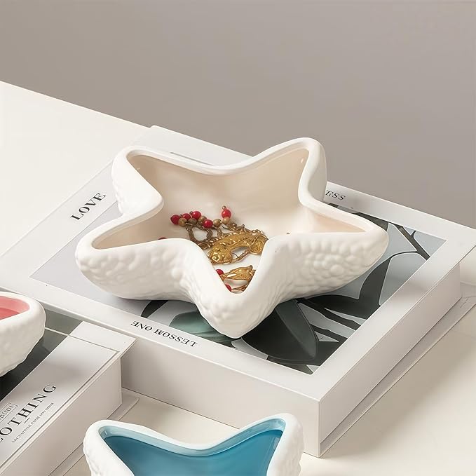 Starfish Jewelry Dish Ceramic Holder Ring Trinket Tray, Ocean-themed Decorative Trinket Dish, Suitable for Mother Friend Sister, Gifts for Women, Home Decor Trinket Dish(White)