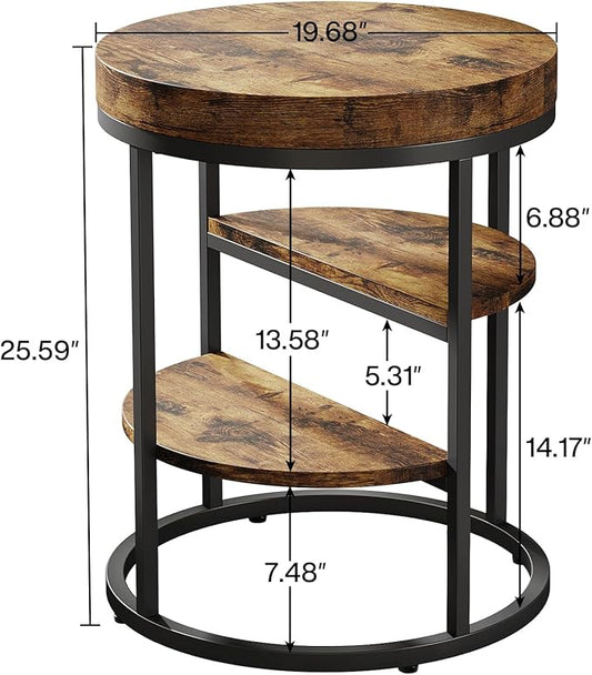 Tribesigns Round End Table Set of 2, 3-Tier Side Table with Storage, Rustic Industrial Nightstand for Small Spaces, Wood Metal Accent Table for Living Room, Bedroom, Sofa, Bedside, Rustic Brown