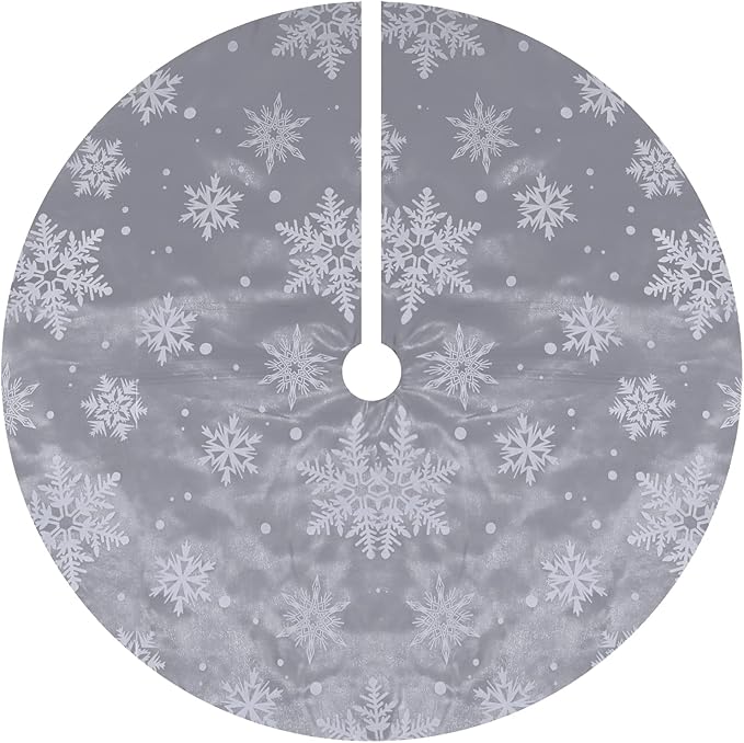Flash World 36 Inch Large Christmas Tree Skirt Xmas Soft Cover Mat Decor Snowflake Collar Farmhouse Tree Skirt for Holiday Ornaments Party Home Indoor Decorations (Flocking Grey, 48INCH)
