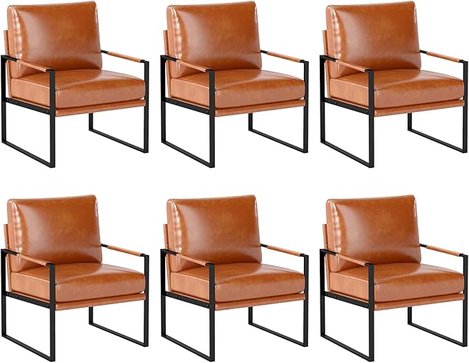 INZOY Mid Century Modern Accent Chair with Removable Cushions Set of 6, Comfy PU Leather Living Room Chairs with Thicker Backrest and Cushion, Metal Frame Design, Brown