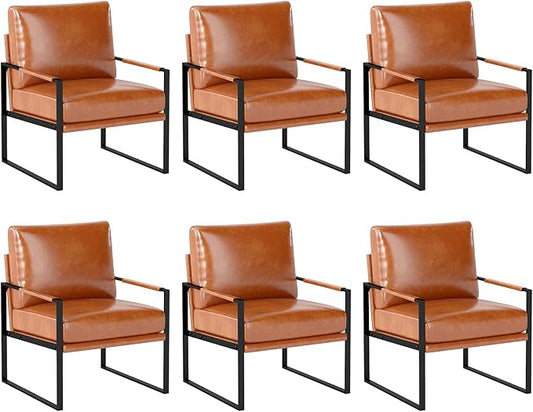 INZOY Mid Century Modern Accent Chair with Removable Cushions Set of 6, Comfy PU Leather Living Room Chairs with Thicker Backrest and Cushion, Metal Frame Design, Brown
