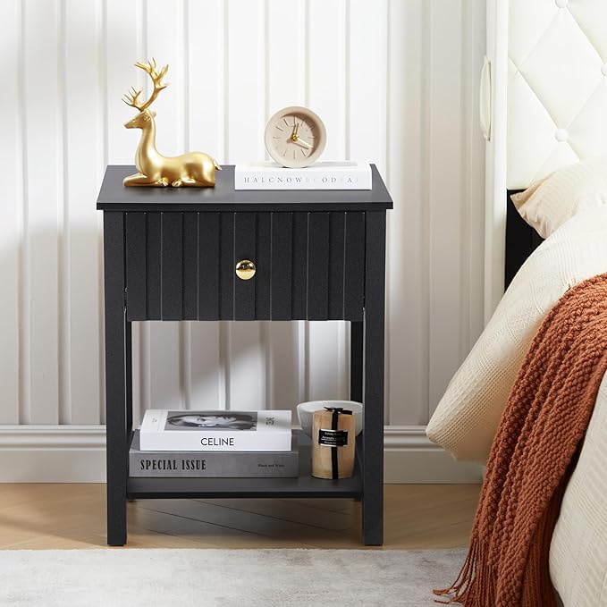 Wood Nightstand, 21.65" H Bedside Table with Wide Fluted Finish, Modern Night Stands with Drawer, Mid Century End Table for Bedroom (Black)