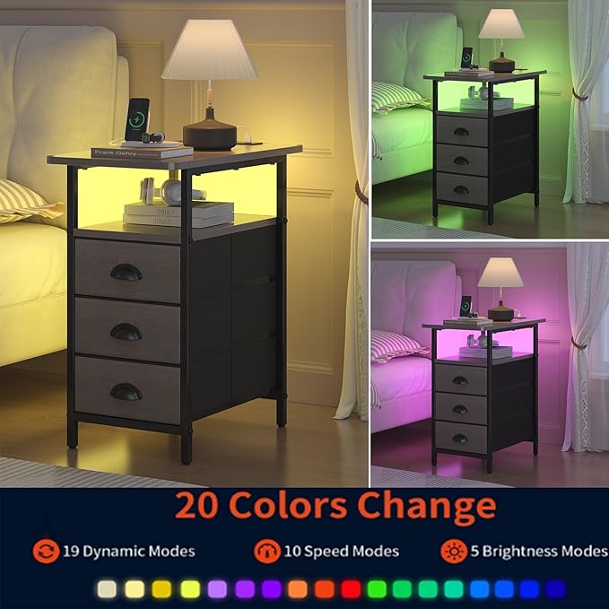 End Table with Charging Station,LED Side Tables with USB Ports and Outlets,Narrow Nightstands Bedside Tables with 3 Drawers for Small Space,Slim Sofa Table for Livingroom,Grey