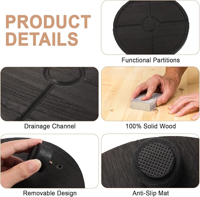 12'' Round Wooden Tray Pedestal Stand, Farmhouse Bathroom Decor Riser for Soap Dispenser, Perfume, Candle, 12'', Matte Black