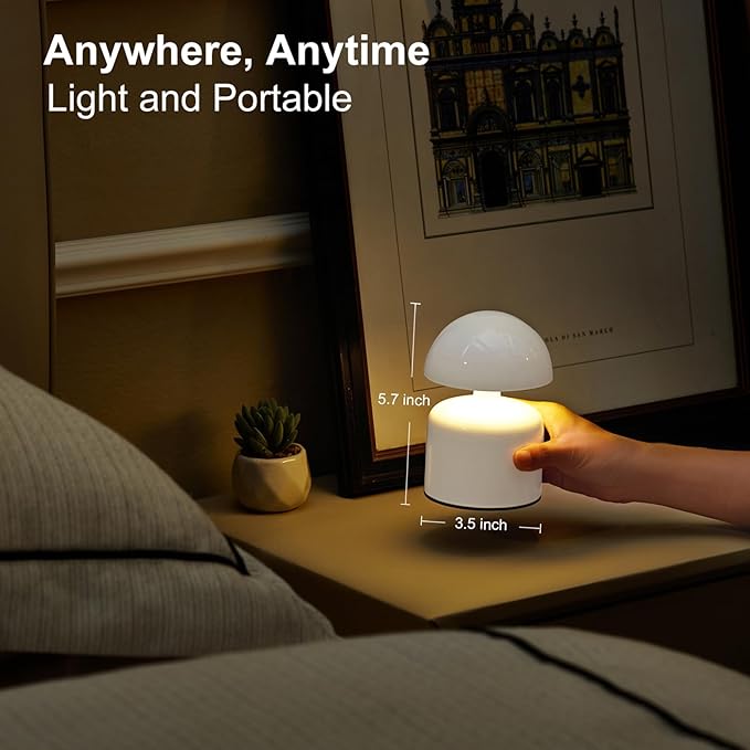 Modern Cordless Mushroom Small Table Lamp Touch LED Lamps, 3-Way Dimmable Bedside Nightstand Lamp Mini Rechargeable Night Light for Bedroom, Living Room (White)