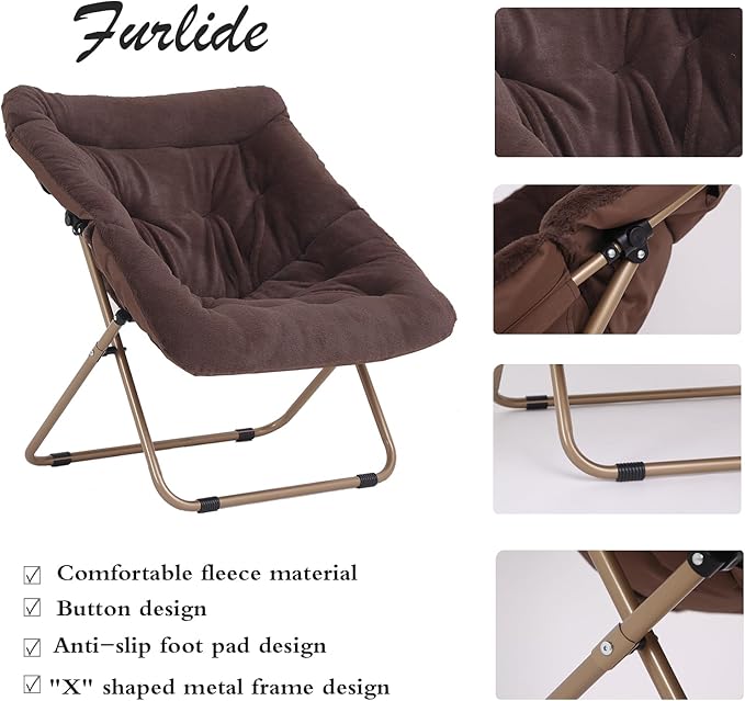Saucer Chair, Comfy Bedroom Chairs, Oversized Folding Faux Fur Chair, Foldable Metal Frame Chair for Bedroom, Living Room, Balcony, Patio, Study, Playroom (Coffee)