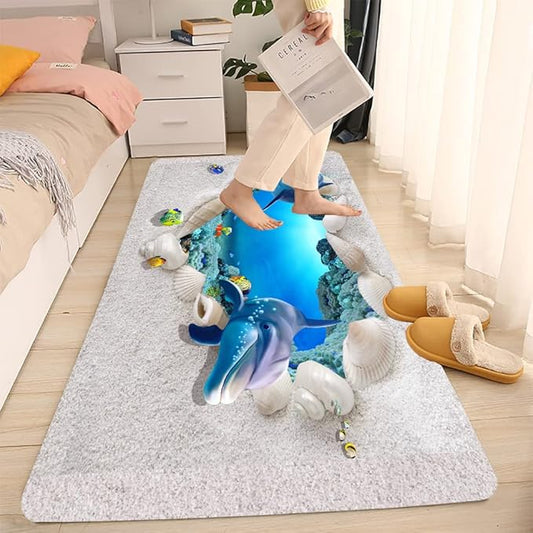 Bath Rugs Sponge Foam Absorbent Soft for Bathroom and Kitchen (71 x 24 inches), Flannel Mat Non Slip Bright 3D Print for Bedside and Living Room(Heart-Shaped Beach Dolphin)