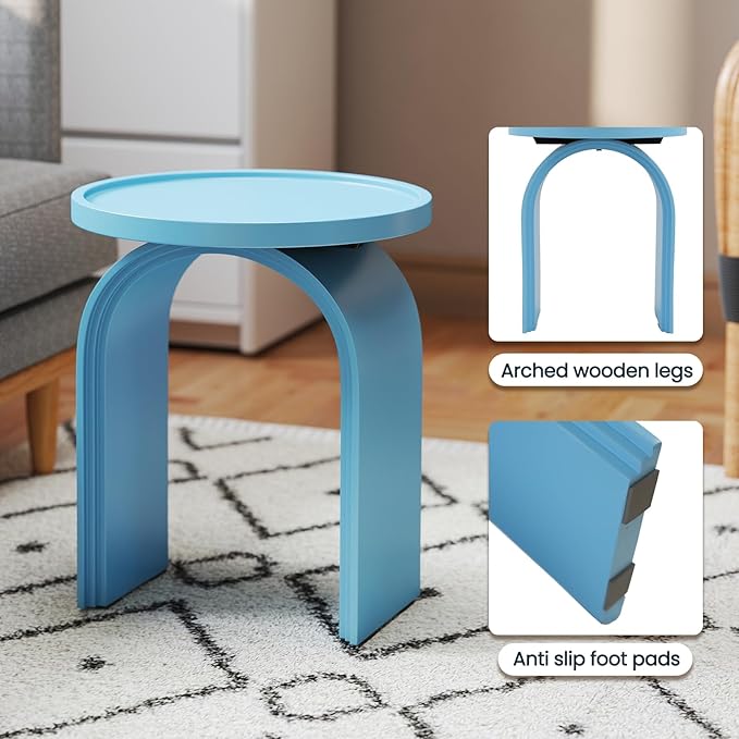 VESCASA 17.75" W Round Sofa Side Table, Modern Nightstand with Arched Wooden Legs, Small Accent End Table for Living Room, Bedroom, Baby Blue