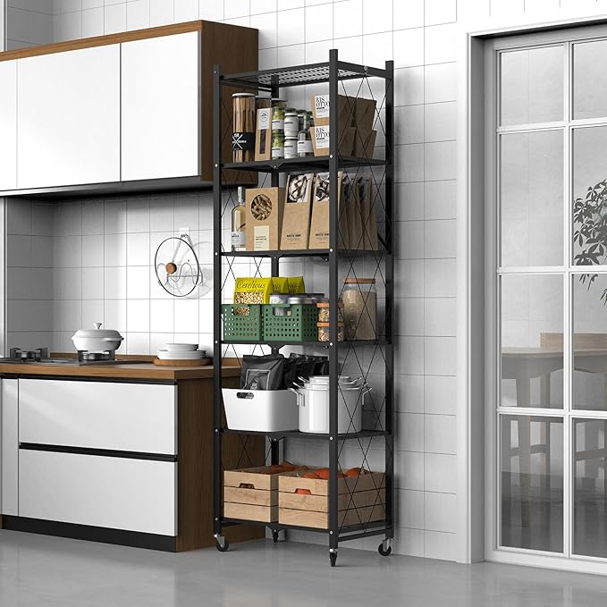 72" H 6 Tier Foldable Storage Shelf with Wheels, Folding Shelving Loads 600 LBS, Metal Steel Garage Shelves, Rolling Standing Utility Rack for Kitchen, Pantry, Office, Black