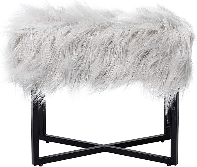 BIRDROCK HOME Rectangular Faux Fur Vanity Stool Ottoman w/Black Metal Legs - Small Fluffy Makeup Seat - Cute Foot Rest for Bedroom, Desk, or Dressing Table - Compact Chair for Girls Dorm Room - Grey