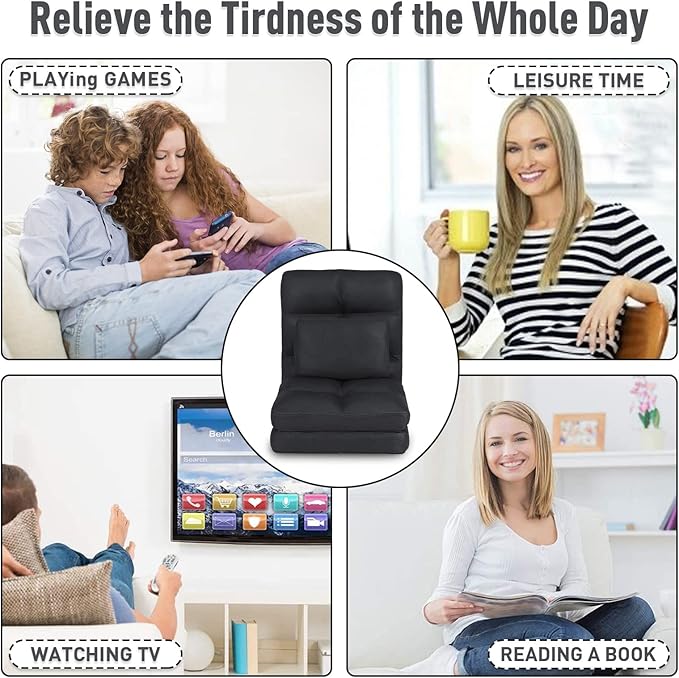 Floor Chair with Back Support for Adults Adjustable 14 Positions Video Game Chairs Foldable Floor Lounger with Pillow 8823(Black)