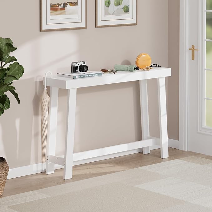 Bamboo 47.2" Narrow Console Table, Wood Farmhouse Side Table, Rectangular Entryway Table, Modern Sofa Table Behind Couch with Storage Shelves for Entrance, Living Room, Hallway, Foyer (White)