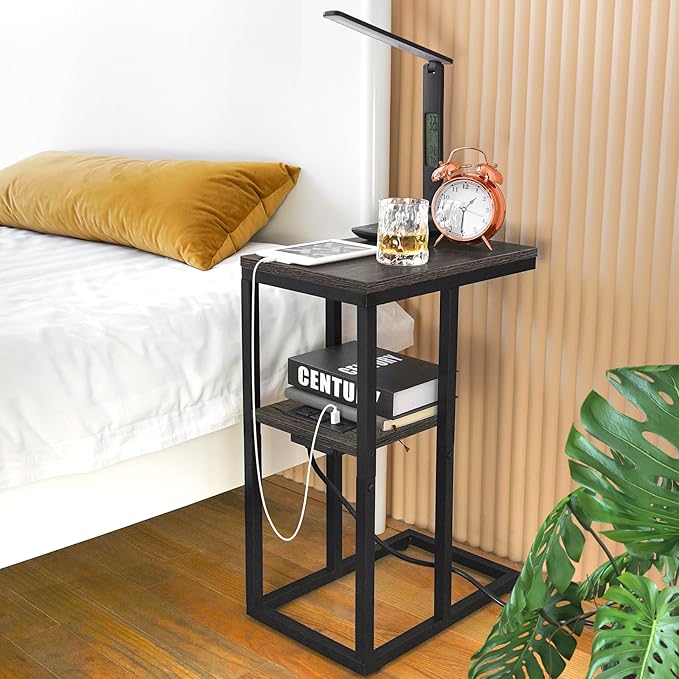 Yoobure C Shaped End Table with Charging Station for Living Room, Bedroom, Sofa Table with USB Ports and Outlets for Small Spaces, C Couch Rustic Snack Bed Table, Charcoal Gray