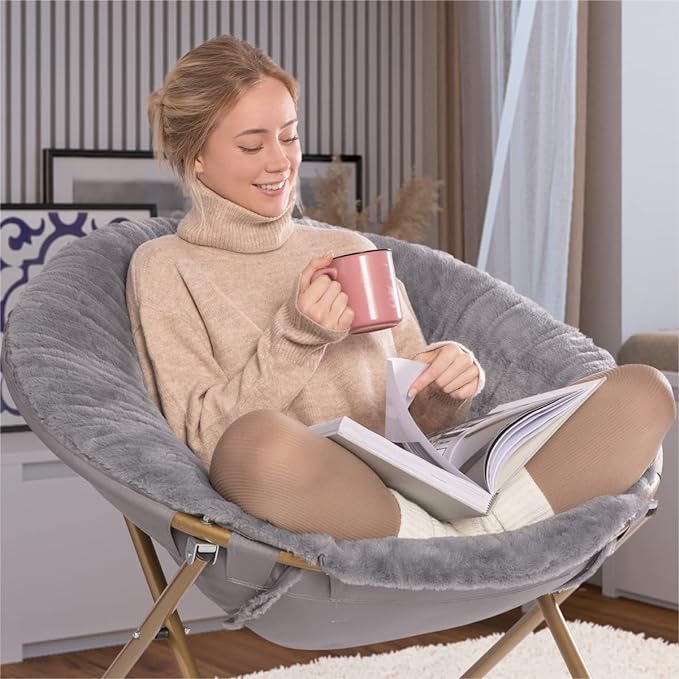 Milliard Saucer Chair For Adults, Teens & Kids, Grey, Faux Fur XL Circle Chair for Bedroom, Dorm & Gaming, Foldable Comfy Accent Seat for Small Spaces, Folding Moon / Mushroom / Round Oversized Style