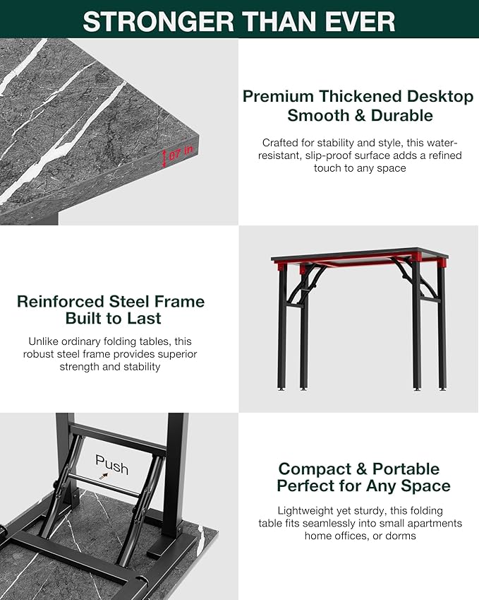 Frylr Small Folding Computer Desk – 35.8 Inch Portable Table for Craft and Study, Lightweight Desk for Small Spaces, Foldable Laptop Table Built-in AC/USB Outlets for Convenience, Marble Greige