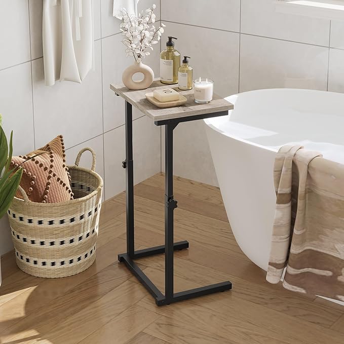 HOOBRO C Shaped End Table, Adjustable Height Side Table for Sofa, Couch Table for Small Space, Slide Under Small Tray Side Table for Living Room, Bedroom, Greige and Black BG71SF01