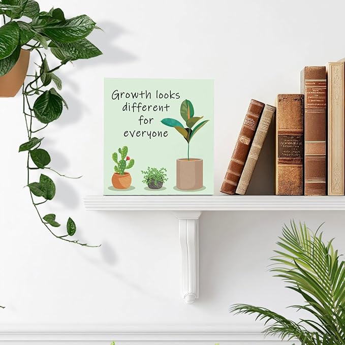 LVQHI Inspirational Wood Block Sign,Growth Looks Different for Everyone Plant Motivational Wooden Block Sign for Home Bedroom Office Desk Table Decor,Inspirational Cheer Up Gift for Coworker Green-2