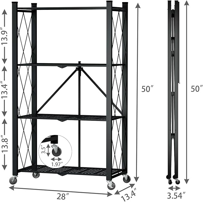 4 Tier Foldable Storage Shelf with Wheels, Heavy Duty Folding Shelf Loads 600 LBS, Metal Steel Collapsible Shelves, Rolling Standing Utility Rack for Kitchen, Pantry, Office, Black