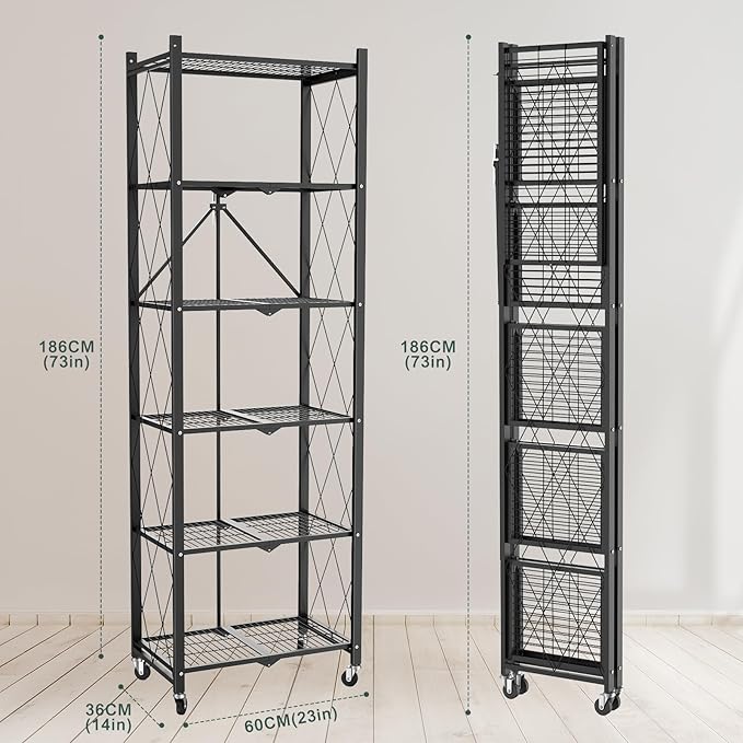 72" H 6 Tier Foldable Storage Shelf with Wheels, Folding Shelving Loads 600 LBS, Metal Steel Garage Shelves, Rolling Standing Utility Rack for Kitchen, Pantry, Office, Black