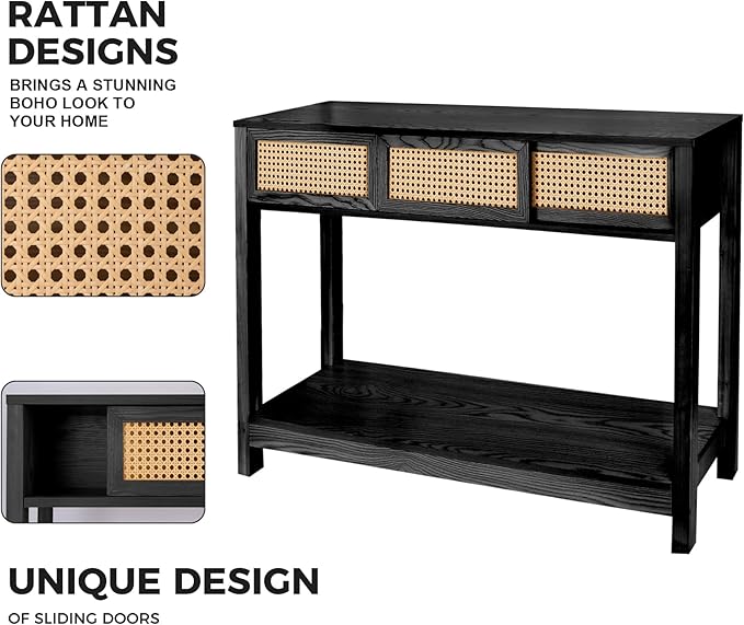 ZYBT Long Console Table, Rattan Entry Table, Console Tables for Entryway, Narrow Wood Console Table with Storage, Black Couch Table Hallway Table Boho Sofa Table for Living Room