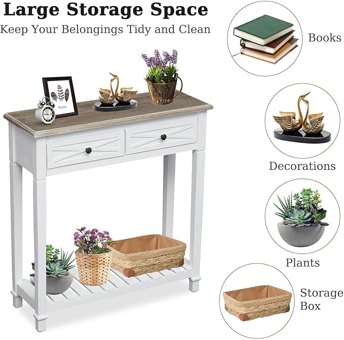 kinbor Entryway Table - White Console Table with 2 Drawers, Narrow Small Console Table with Storage Shelf for Entryway, Living Room, Hallway, White