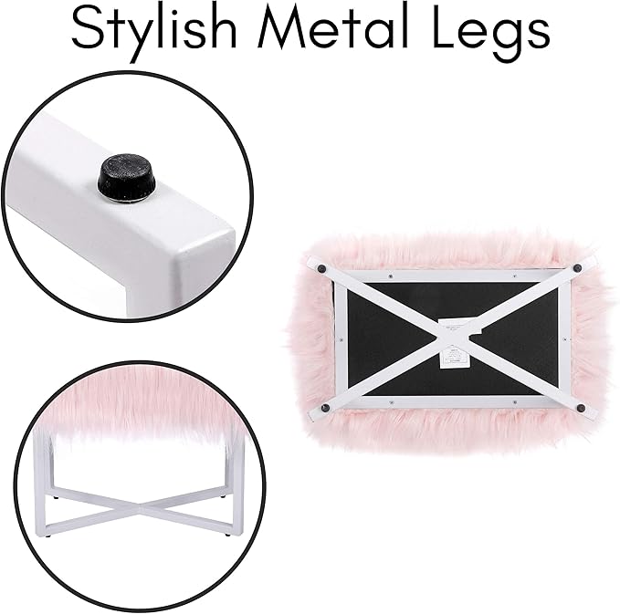 BIRDROCK HOME Rectangular Faux Fur Vanity Stool Ottoman w/White Metal Legs - Small Fluffy Makeup Seat - Cute Foot Rest for Bedroom, Desk, or Dressing Table - Compact Chair for Girls Dorm Room - Pink