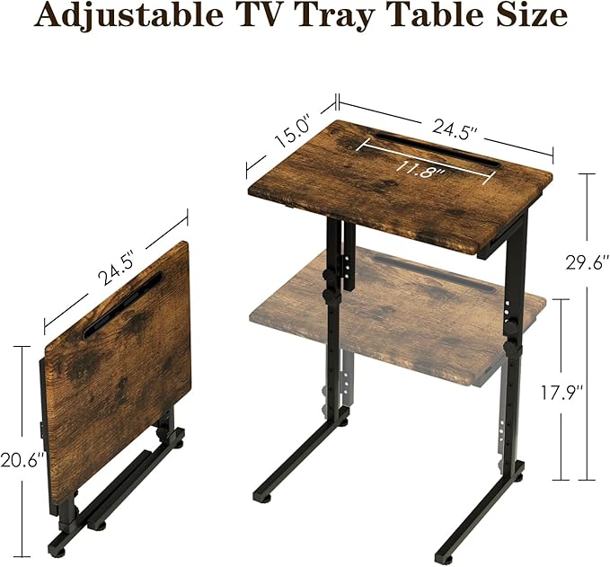 Adjustable Folding TV Tray Table,TV Dinner Small Foldable C-Shaped End Table for Eating,6 Height Adjustable Slide Under Couch Side with Sturdy MDF Top,No Assembly(Brown,2Pcs)