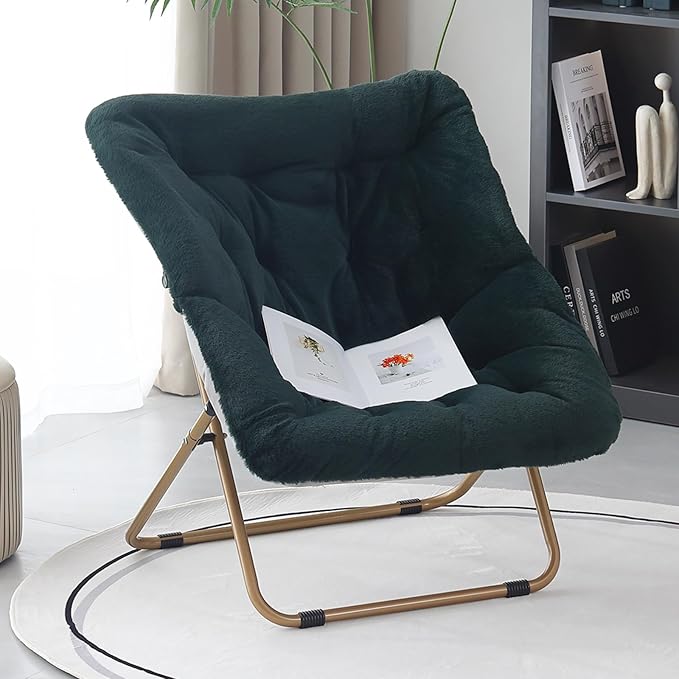 Saucer Chair, Comfy Bedroom Chairs, Oversized Folding Faux Fur Chair, Foldable Metal Frame Chair for Bedroom, Living Room, Balcony, Patio, Study, Playroom (Dark Green)