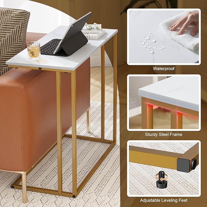 C-Shaped Side Table, Modern End Table with Metal Frame, Space Saving Design for Living Room，Large Surface Couch Table for Bedroom, and Home Office，24 x 12 x 24 inches (Marble White)