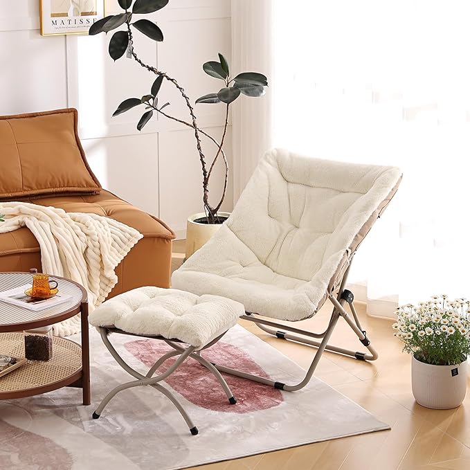 Living Room Chair, Soft Faux Fur Folded Chair Oversized Folding Accent Chair, Furry Lounge Lazy Chair, Metal Frame Moon Chair for Bedroom, Living Room