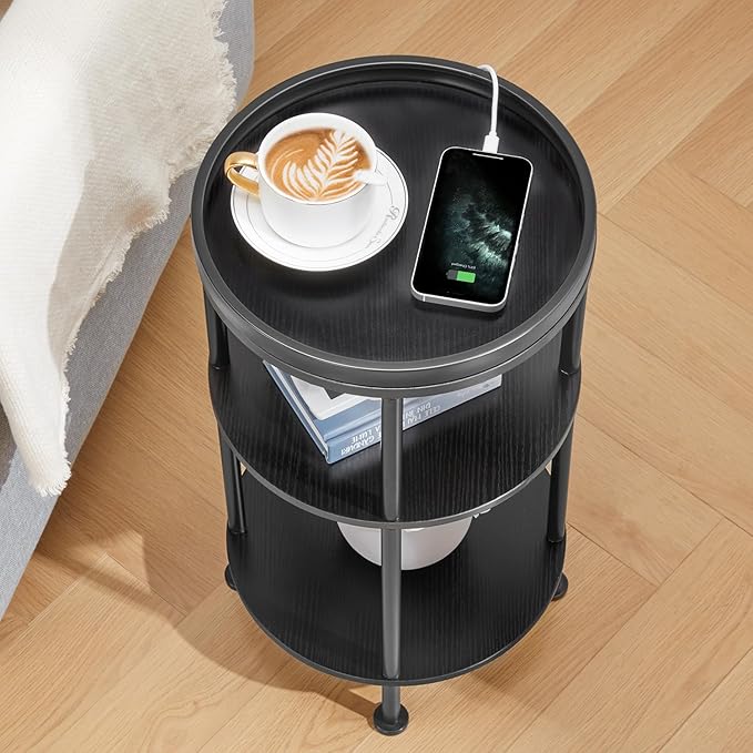 Small Round Side Table with Charging Station for Small Spaces, 3-Tier Accent Table with USB Ports & Power Outlets, Sofa Corner Tea Table for Living Room Nightstand Bedroom Apartment (Black)