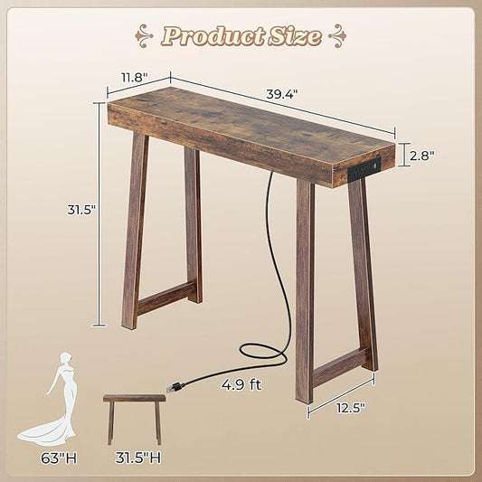 Huuger Entryway Console Table with Charging Station, USB-C Port, 39.4 Inch Sofa Table with Metal Legs, Entry Hallway Table with Thicker Desktop, Modern Behind Couch Table, Rustic Brown