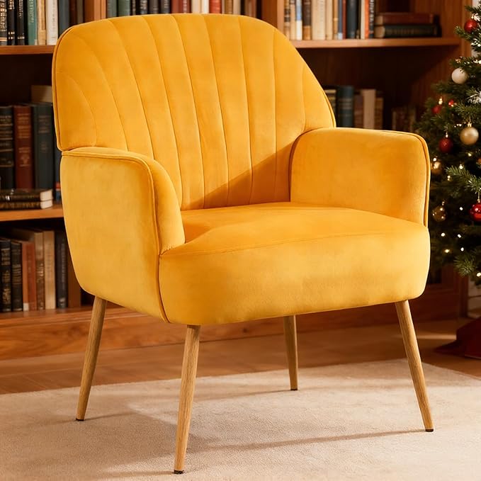 Velvet Accent Chair, Modern Upholstered Single Sofa Side Living Room Chair, Comfy Barrel Reading Armchair with Metal Legs for Bedroom, Waiting Room, Office and Cafe, Yellow